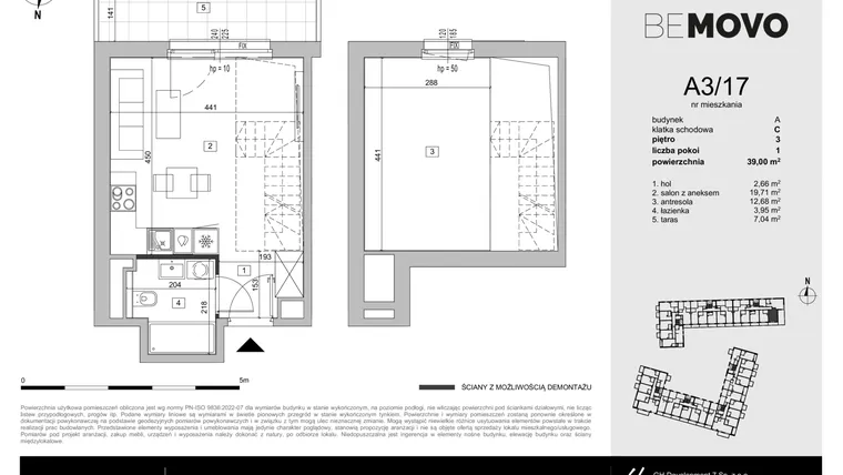 Rzut - Mieszkanie na sprzedaż 1 pokój o powierzchni 39 m² - numer A3/17 w BeMovo