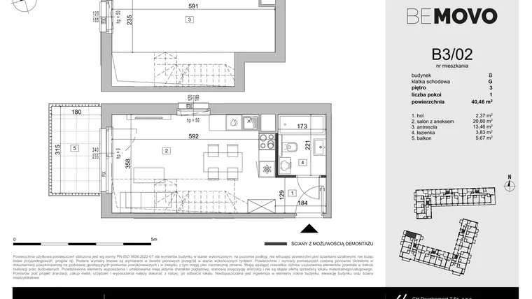 Rzut - Mieszkanie na sprzedaż 1 pokój o powierzchni 40,46 m² - numer B3/02 w BeMovo