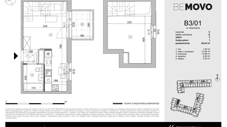Rzut - Mieszkanie na sprzedaż 1 pokój o powierzchni 40,24 m² - numer B3/01 w BeMovo