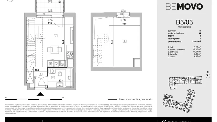Rzut - Mieszkanie na sprzedaż 1 pokój o powierzchni 36,84 m² - numer B3/03 w BeMovo