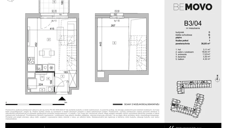 Rzut - Mieszkanie na sprzedaż 1 pokój o powierzchni 36,85 m² - numer B3/04 w BeMovo