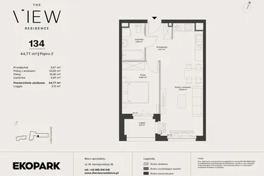 Rzut - Mieszkanie na sprzedaż 2 pokoje o powierzchni 44,77 m² - numer 134 w The View