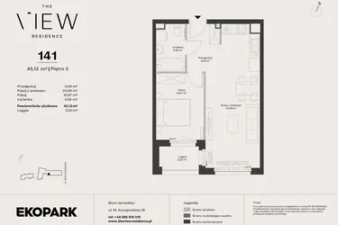 Rzut - Mieszkanie na sprzedaż 2 pokoje o powierzchni 45,13 m² - numer 141 w The View