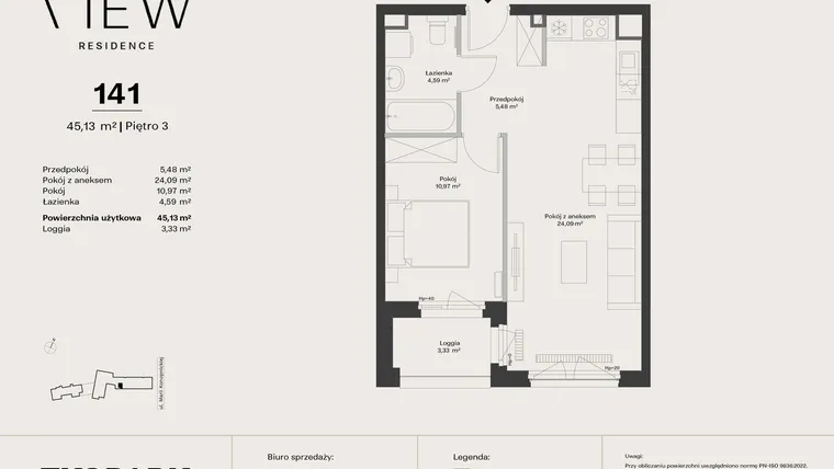 Rzut - Mieszkanie na sprzedaż 2 pokoje o powierzchni 45,13 m² - numer 141 w The View