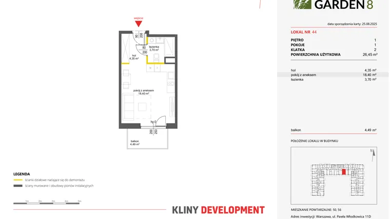 Rzut - Mieszkanie na sprzedaż 1 pokój o powierzchni 26,45 m² - numer 44 w Nova Viva Garden 8