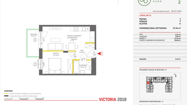 Rzut - Mieszkanie na sprzedaż 2 pokoje o powierzchni 37,38 m² - numer 16 w Olchowy Park II