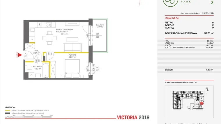 Rzut - Mieszkanie na sprzedaż 2 pokoje o powierzchni 38,85 m² - numer 54 w Olchowy Park II