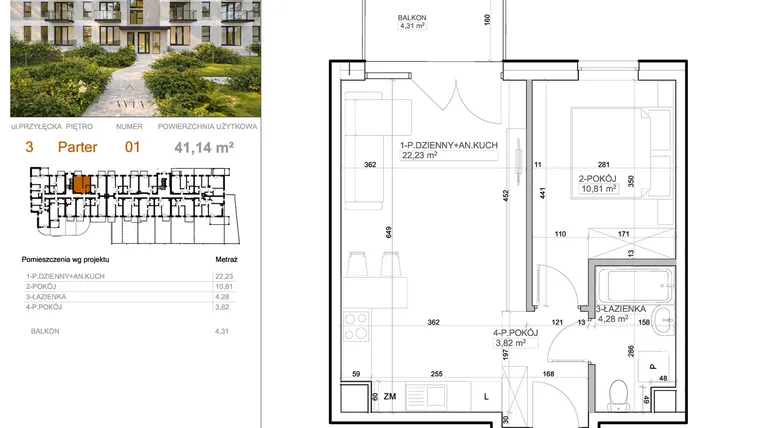 Rzut - Mieszkanie na sprzedaż 2 pokoje o powierzchni 41,14 m² - numer 3 - 1 w Avia III
