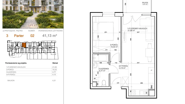 Rzut - Mieszkanie na sprzedaż 2 pokoje o powierzchni 41,13 m² - numer 3 - 2 w Avia III