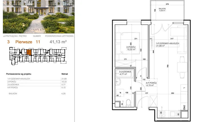 Rzut - Mieszkanie na sprzedaż 2 pokoje o powierzchni 41,13 m² - numer 3 - 11 w Avia III