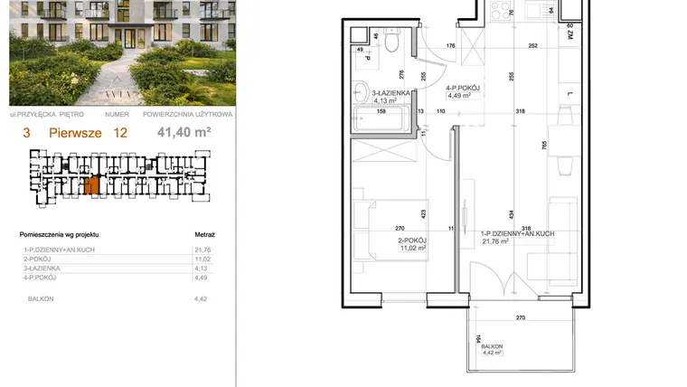 Rzut - Mieszkanie na sprzedaż 2 pokoje o powierzchni 41,4 m² - numer 3 - 12 w Avia III