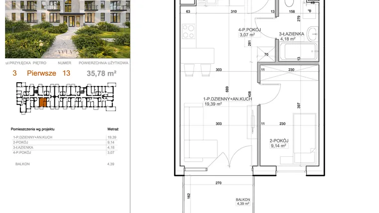 Rzut - Mieszkanie na sprzedaż 2 pokoje o powierzchni 35,78 m² - numer 3 - 13 w Avia III