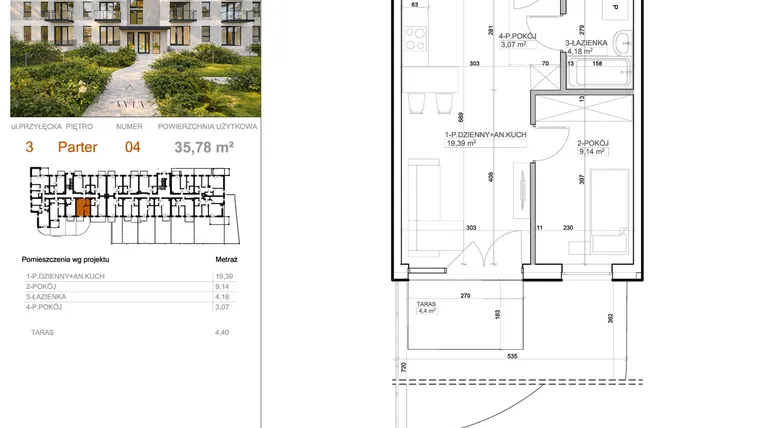 Rzut - Mieszkanie na sprzedaż 2 pokoje o powierzchni 35,78 m² - numer 3 - 4 w Avia III