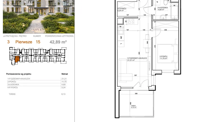 Rzut - Mieszkanie na sprzedaż 2 pokoje o powierzchni 42,89 m² - numer 3 - 15 w Avia III