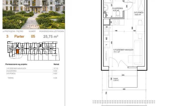 Rzut - Mieszkanie na sprzedaż 1 pokój o powierzchni 25,75 m² - numer 3 - 5 w Avia III