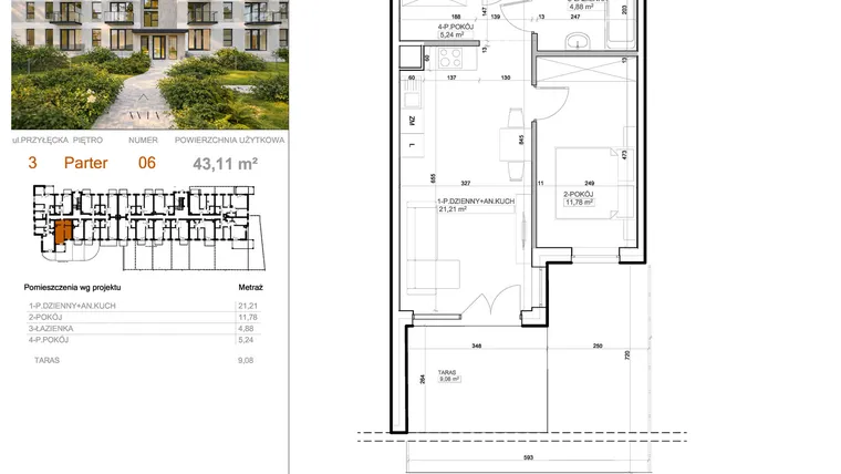 Rzut - Mieszkanie na sprzedaż 2 pokoje o powierzchni 43,11 m² - numer 3 - 6 w Avia III