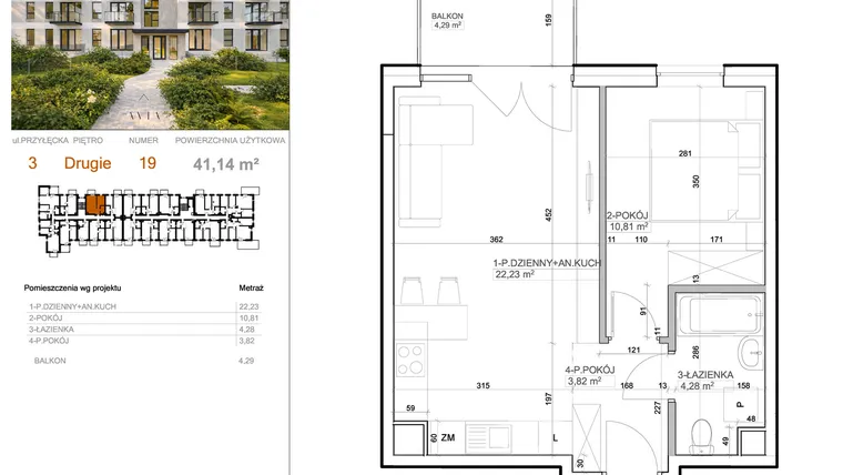 Rzut - Mieszkanie na sprzedaż 2 pokoje o powierzchni 41,14 m² - numer 3 - 19 w Avia III