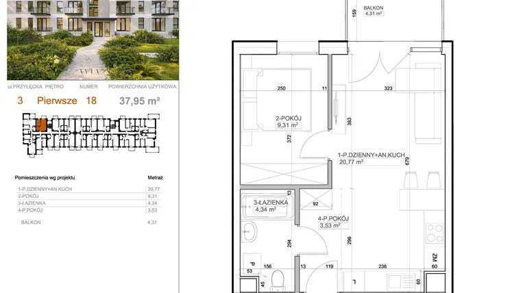 Rzut - Mieszkanie na sprzedaż 2 pokoje o powierzchni 37,95 m² - numer 3 - 18 w Avia III