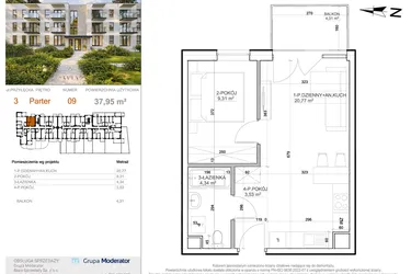 Rzut - Mieszkanie na sprzedaż 2 pokoje o powierzchni 37,95 m² - numer 3 - 9 w Avia III