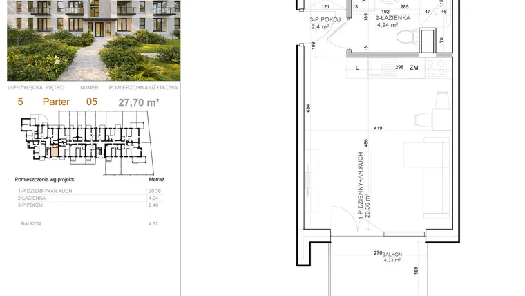 Rzut - Mieszkanie na sprzedaż 1 pokój o powierzchni 27,7 m² - numer 5 - 5 w Avia III