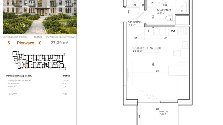Rzut - Mieszkanie na sprzedaż 1 pokój o powierzchni 27,39 m² - numer 5 - 10 w Avia III