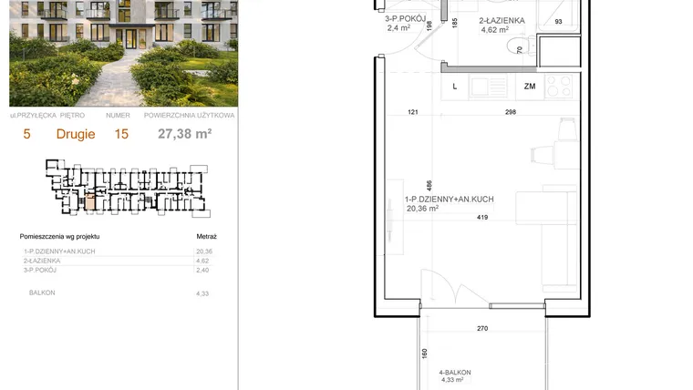 Rzut - Mieszkanie na sprzedaż 1 pokój o powierzchni 27,38 m² - numer 5 - 15 w Avia III