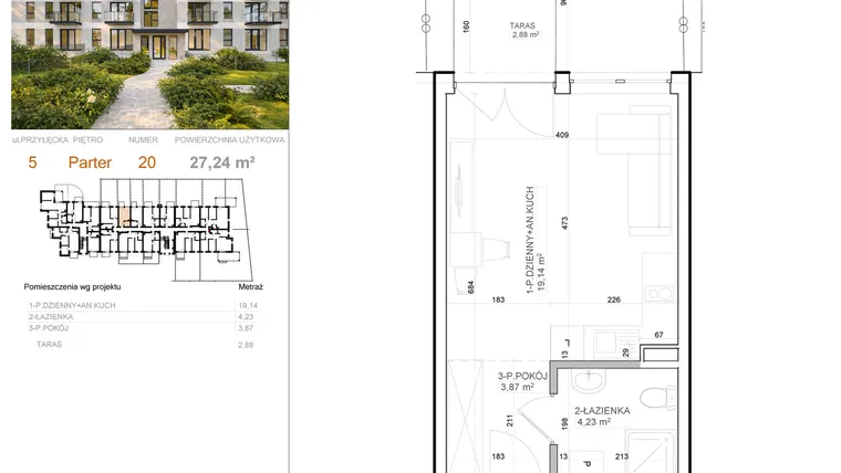 Rzut - Mieszkanie na sprzedaż 1 pokój o powierzchni 27,24 m² - numer 5 - 20 w Avia III