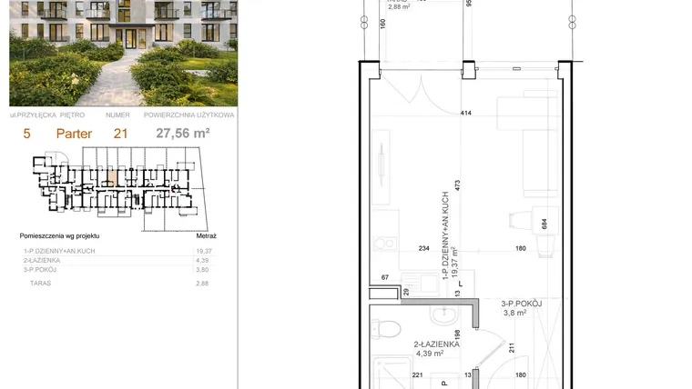 Rzut - Mieszkanie na sprzedaż 1 pokój o powierzchni 27,56 m² - numer 5 - 21 w Avia III