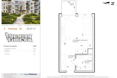 Rzut - Mieszkanie na sprzedaż 1 pokój o powierzchni 26,97 m² - numer 5 - 32 w Avia III