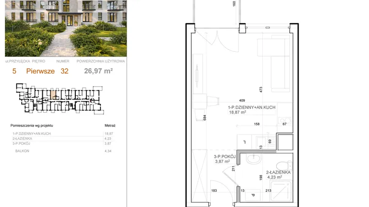 Rzut - Mieszkanie na sprzedaż 1 pokój o powierzchni 26,97 m² - numer 5 - 32 w Avia III