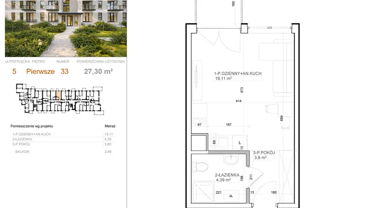 Rzut - Mieszkanie na sprzedaż 1 pokój o powierzchni 27,3 m² - numer 5 - 33 w Avia III
