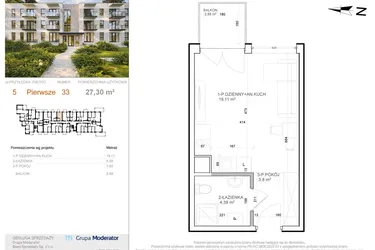 Rzut - Mieszkanie na sprzedaż 1 pokój o powierzchni 27,3 m² - numer 5 - 33 w Avia III