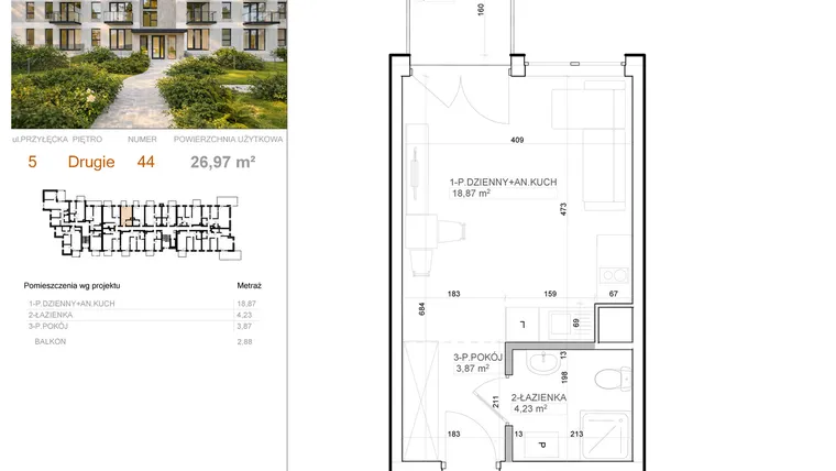 Rzut - Mieszkanie na sprzedaż 1 pokój o powierzchni 26,97 m² - numer 5 - 44 w Avia III