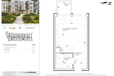 Rzut - Mieszkanie na sprzedaż 1 pokój o powierzchni 27,3 m² - numer 5 - 45 w Avia III