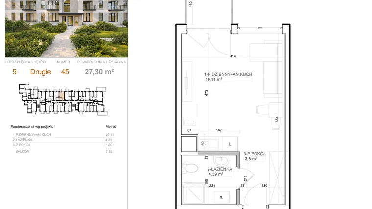 Rzut - Mieszkanie na sprzedaż 1 pokój o powierzchni 27,3 m² - numer 5 - 45 w Avia III