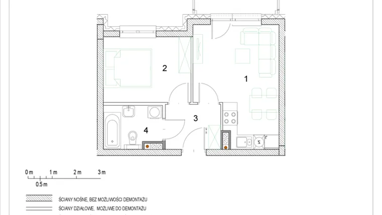 Rzut - Mieszkanie na sprzedaż 2 pokoje o powierzchni 33,2 m² - numer E1/P2/1 w Osiedle Jodłowa bud. E