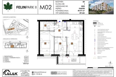 Rzut - Mieszkanie na sprzedaż 3 pokoje o powierzchni 49,91 m² - numer B4_M02/P w Felin Park budynek B4