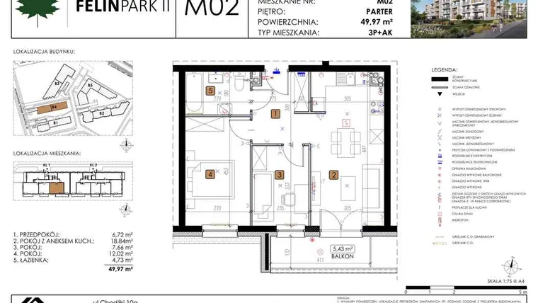 Rzut - Mieszkanie na sprzedaż 3 pokoje o powierzchni 49,91 m² - numer B4_M02/P w Felin Park budynek B4
