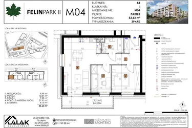 Rzut - Mieszkanie na sprzedaż 3 pokoje o powierzchni 53,63 m² - numer B4_M04/P w Felin Park budynek B4