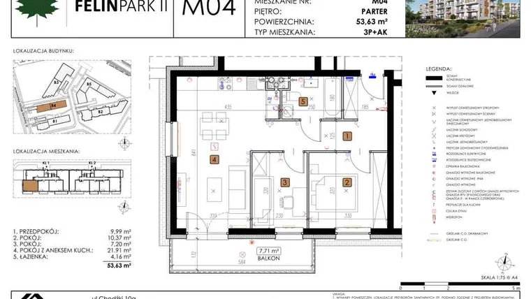 Rzut - Mieszkanie na sprzedaż 3 pokoje o powierzchni 53,63 m² - numer B4_M04/P w Felin Park budynek B4