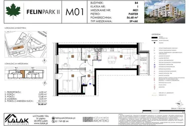 Rzut - Mieszkanie na sprzedaż 3 pokoje o powierzchni 56,68 m² - numer B4_M01/P w Felin Park budynek B4