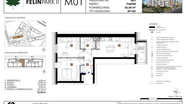 Rzut - Mieszkanie na sprzedaż 3 pokoje o powierzchni 56,68 m² - numer B4_M01/P w Felin Park budynek B4