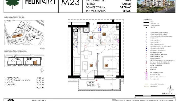Rzut - Mieszkanie na sprzedaż 2 pokoje o powierzchni 34 m² - numer B4_M23/P w Felin Park budynek B4