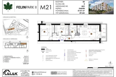 Rzut - Mieszkanie na sprzedaż 3 pokoje o powierzchni 57,41 m² - numer B4_M21/P w Felin Park budynek B4
