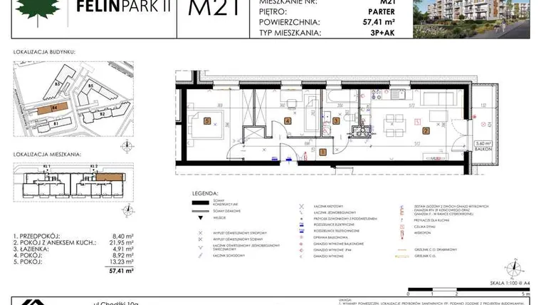 Rzut - Mieszkanie na sprzedaż 3 pokoje o powierzchni 57,41 m² - numer B4_M21/P w Felin Park budynek B4