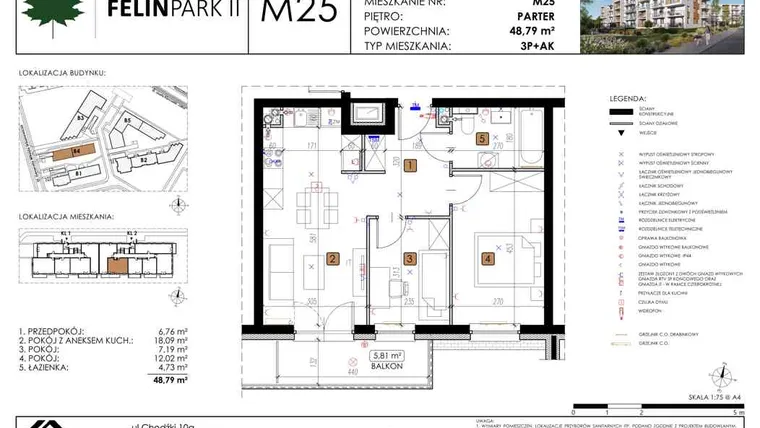 Rzut - Mieszkanie na sprzedaż 3 pokoje o powierzchni 48,73 m² - numer B4_M25/P w Felin Park budynek B4