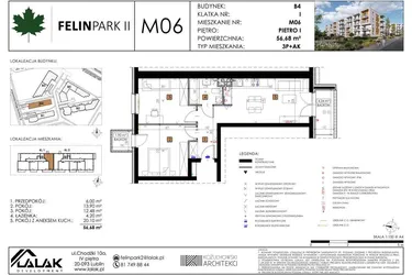 Rzut - Mieszkanie na sprzedaż 3 pokoje o powierzchni 56,68 m² - numer B4_M06/I w Felin Park budynek B4