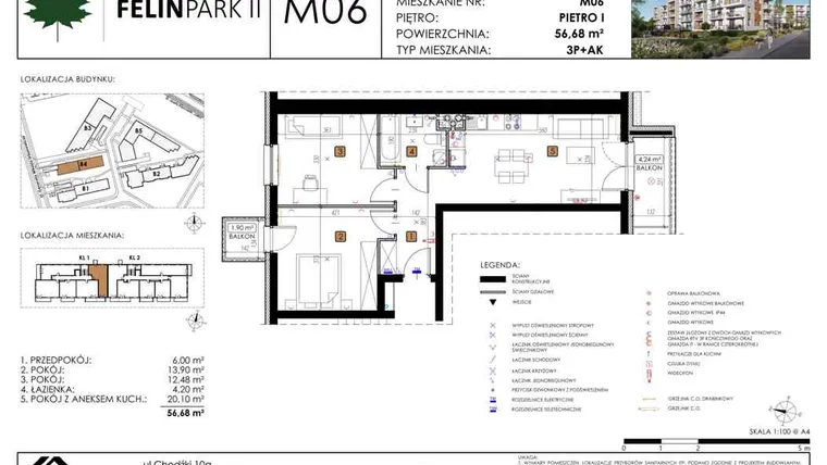 Rzut - Mieszkanie na sprzedaż 3 pokoje o powierzchni 56,68 m² - numer B4_M06/I w Felin Park budynek B4