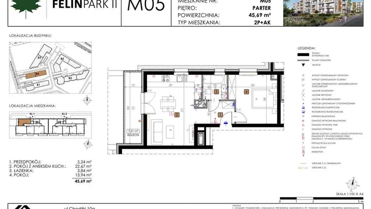 Rzut - Mieszkanie na sprzedaż 2 pokoje o powierzchni 45,83 m² - numer B4_M05/P w Felin Park budynek B4
