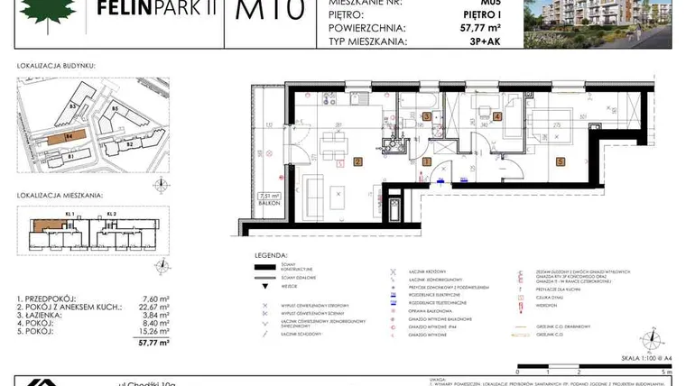 Rzut - Mieszkanie na sprzedaż 3 pokoje o powierzchni 57,72 m² - numer B4_M10/I w Felin Park budynek B4